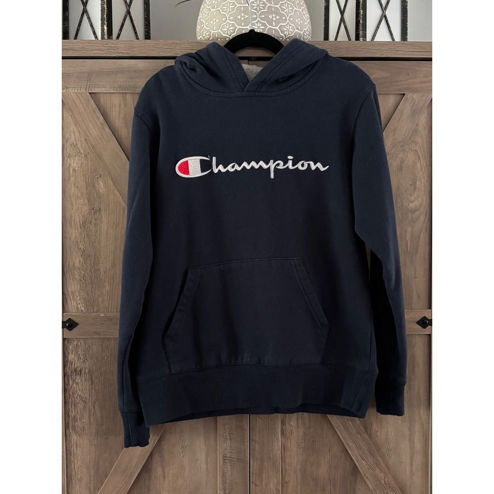 Champion Kids Navy Blue Embroidered Script Logo Pullover Hoodie Sweatshirt M
